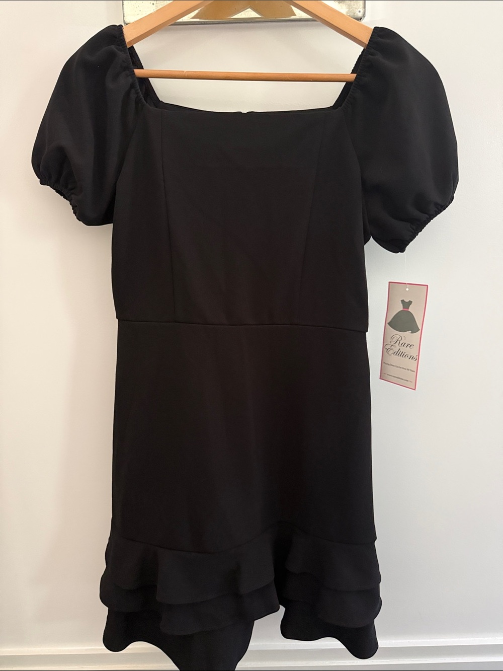 Rare Editions Black Puff-Sleeve Ruffle-Hem Mini Dress